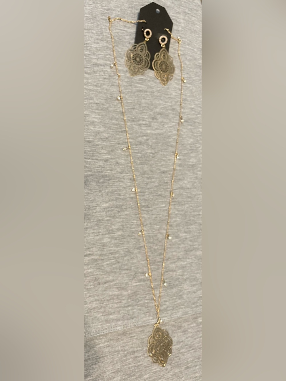 Gold Filigree Drop Station Necklace & Earring Set with Pearl Accents